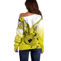 Hawaii Off Shoulder Sweater Polynesian Shark Tattoo With Plumeria Yellow Gradient - Wonder Print Shop