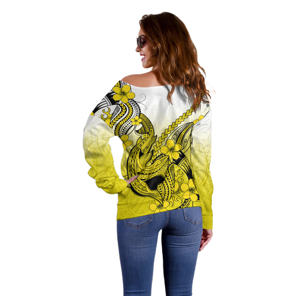 Hawaii Off Shoulder Sweater Polynesian Shark Tattoo With Plumeria Yellow Gradient - Wonder Print Shop
