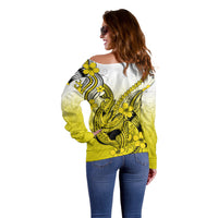 Hawaii Off Shoulder Sweater Polynesian Shark Tattoo With Plumeria Yellow Gradient - Wonder Print Shop