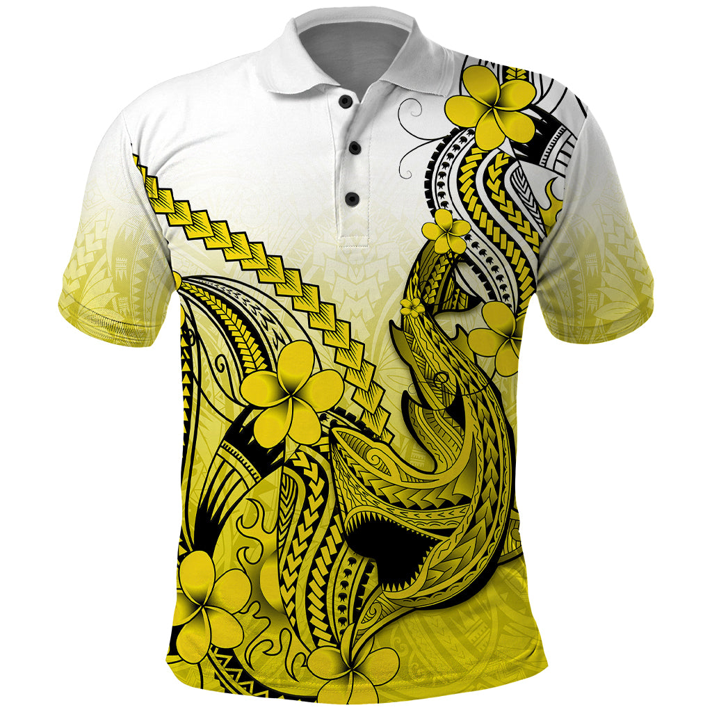 Hawaii Polo Shirt Polynesian Shark Tattoo With Plumeria Yellow Gradient - Wonder Print Shop