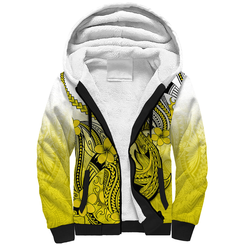 Hawaii Sherpa Hoodie Polynesian Shark Tattoo With Plumeria Yellow Gradient - Wonder Print Shop