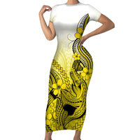 Hawaii Short Sleeve Bodycon Dress Polynesian Shark Tattoo With Plumeria Yellow Gradient - Wonder Print Shop