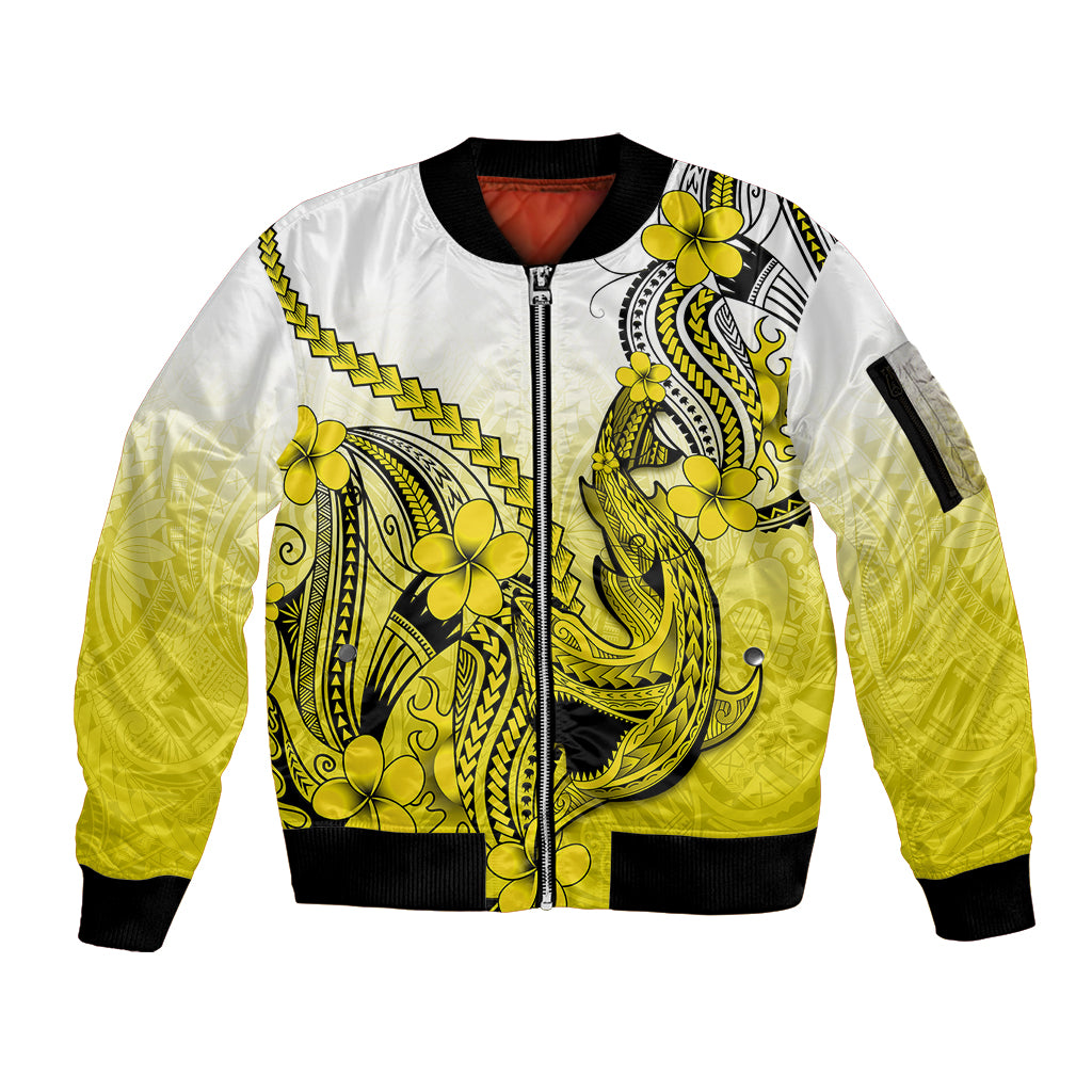 Hawaii Sleeve Zip Bomber Jacket Polynesian Shark Tattoo With Plumeria Yellow Gradient - Wonder Print Shop