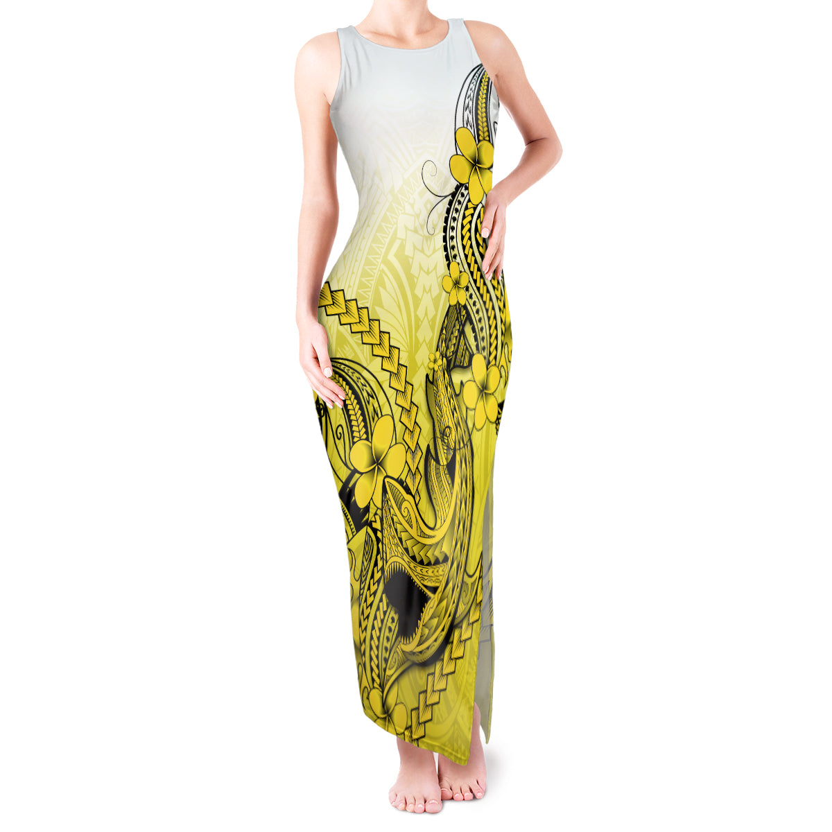 Hawaii Tank Maxi Dress Polynesian Shark Tattoo With Plumeria Yellow Gradient - Wonder Print Shop