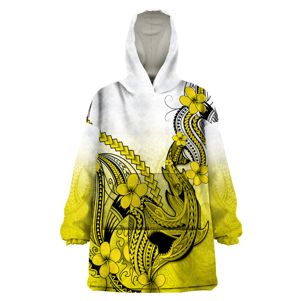 Hawaii Wearable Blanket Hoodie Polynesian Shark Tattoo With Plumeria Yellow Gradient - Wonder Print Shop