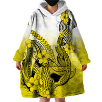 Hawaii Wearable Blanket Hoodie Polynesian Shark Tattoo With Plumeria Yellow Gradient - Wonder Print Shop