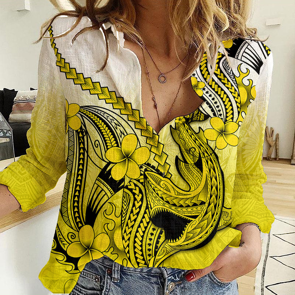 Hawaii Women Casual Shirt Polynesian Shark Tattoo With Plumeria Yellow Gradient - Wonder Print Shop
