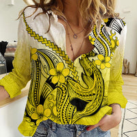 Hawaii Women Casual Shirt Polynesian Shark Tattoo With Plumeria Yellow Gradient - Wonder Print Shop