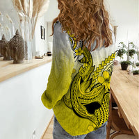 Hawaii Women Casual Shirt Polynesian Shark Tattoo With Plumeria Yellow Gradient - Wonder Print Shop