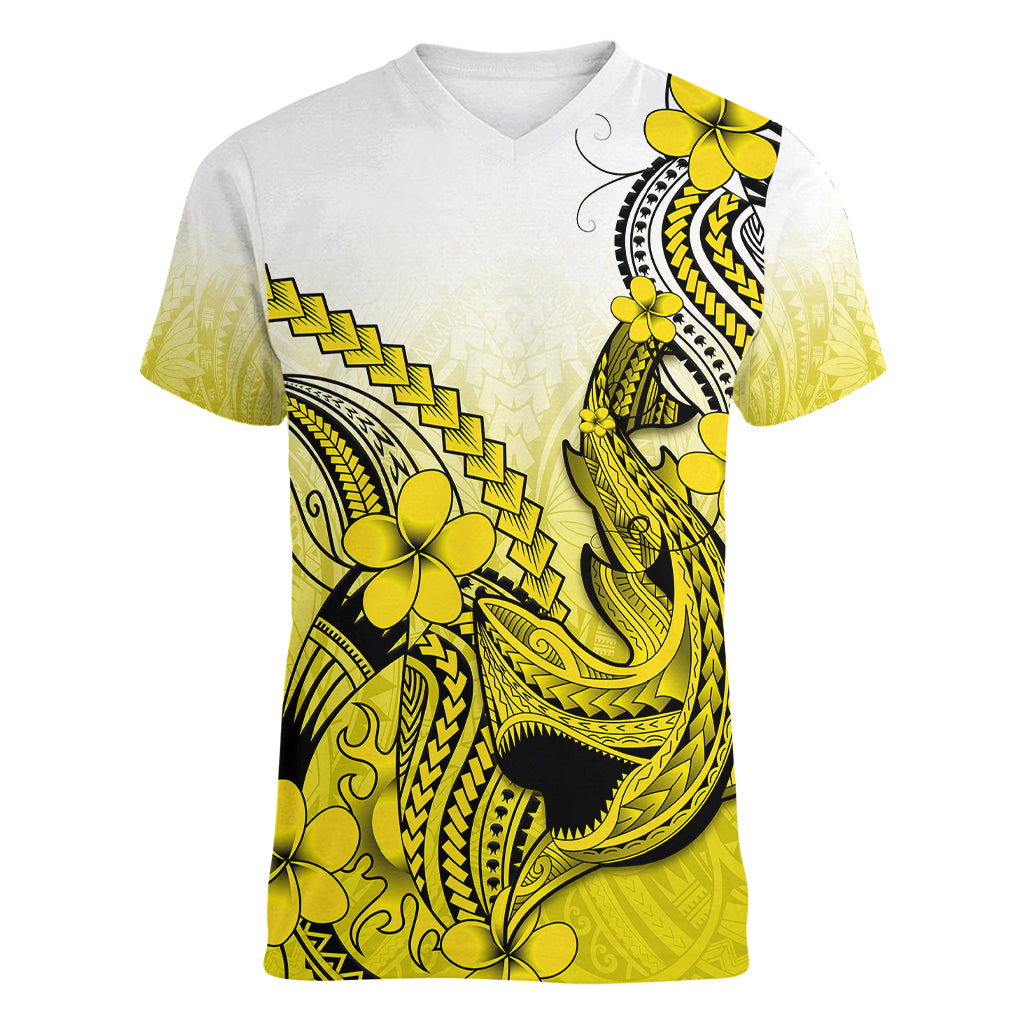 Hawaii Women V Neck T Shirt Polynesian Shark Tattoo With Plumeria Yellow Gradient - Wonder Print Shop