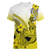 Hawaii Women V Neck T Shirt Polynesian Shark Tattoo With Plumeria Yellow Gradient - Wonder Print Shop
