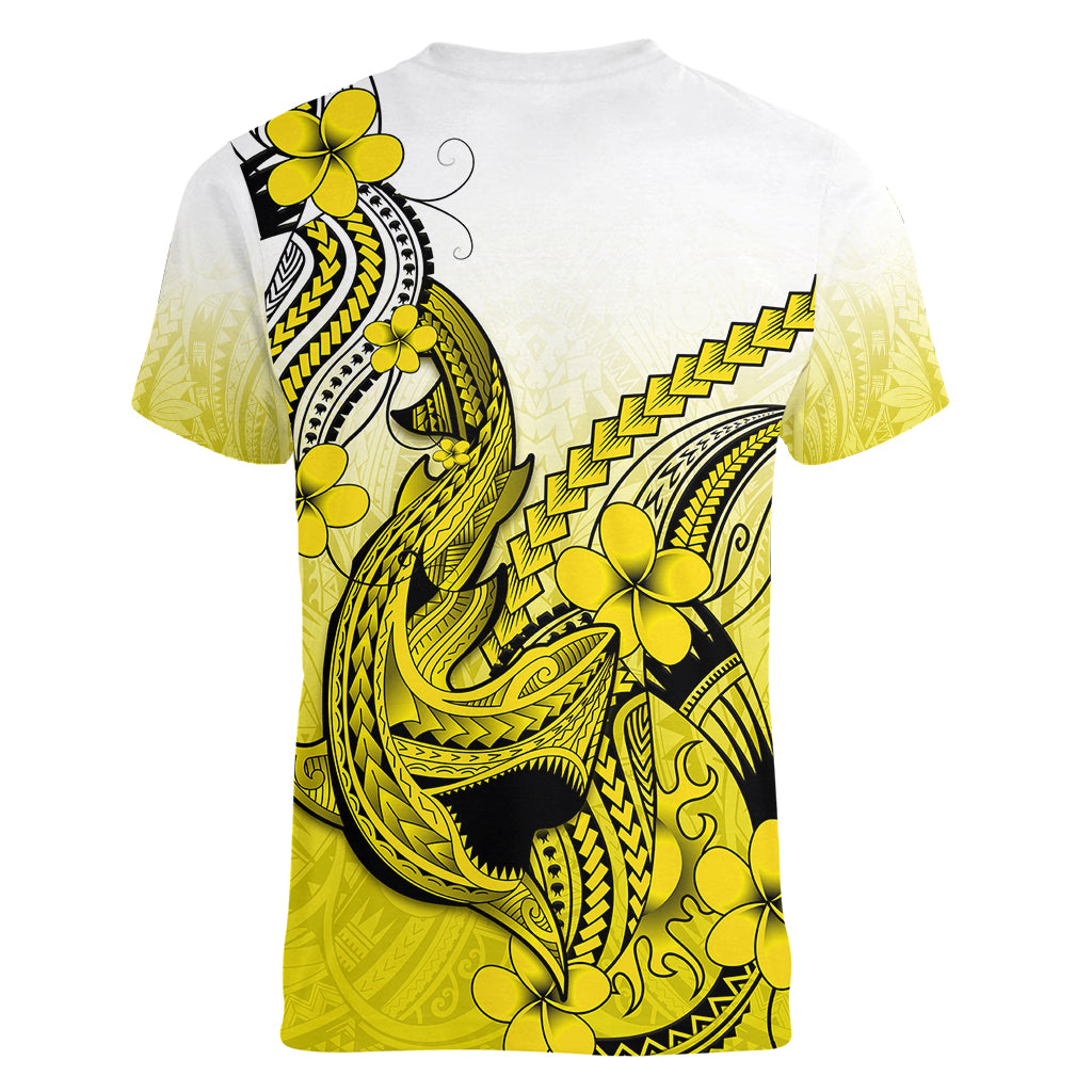 Hawaii Women V Neck T Shirt Polynesian Shark Tattoo With Plumeria Yellow Gradient - Wonder Print Shop