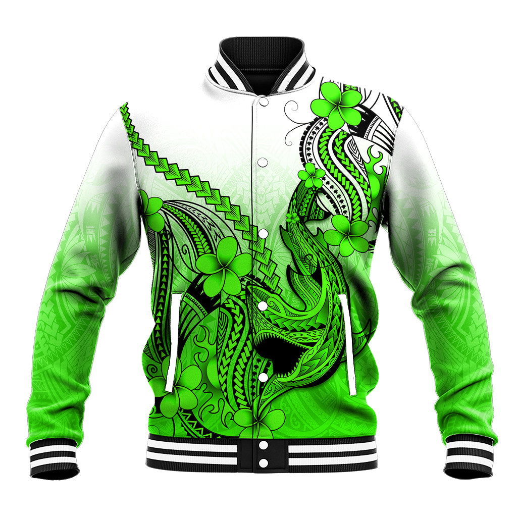 Hawaii Baseball Jacket Polynesian Shark Tattoo With Plumeria Green Gradient - Wonder Print Shop