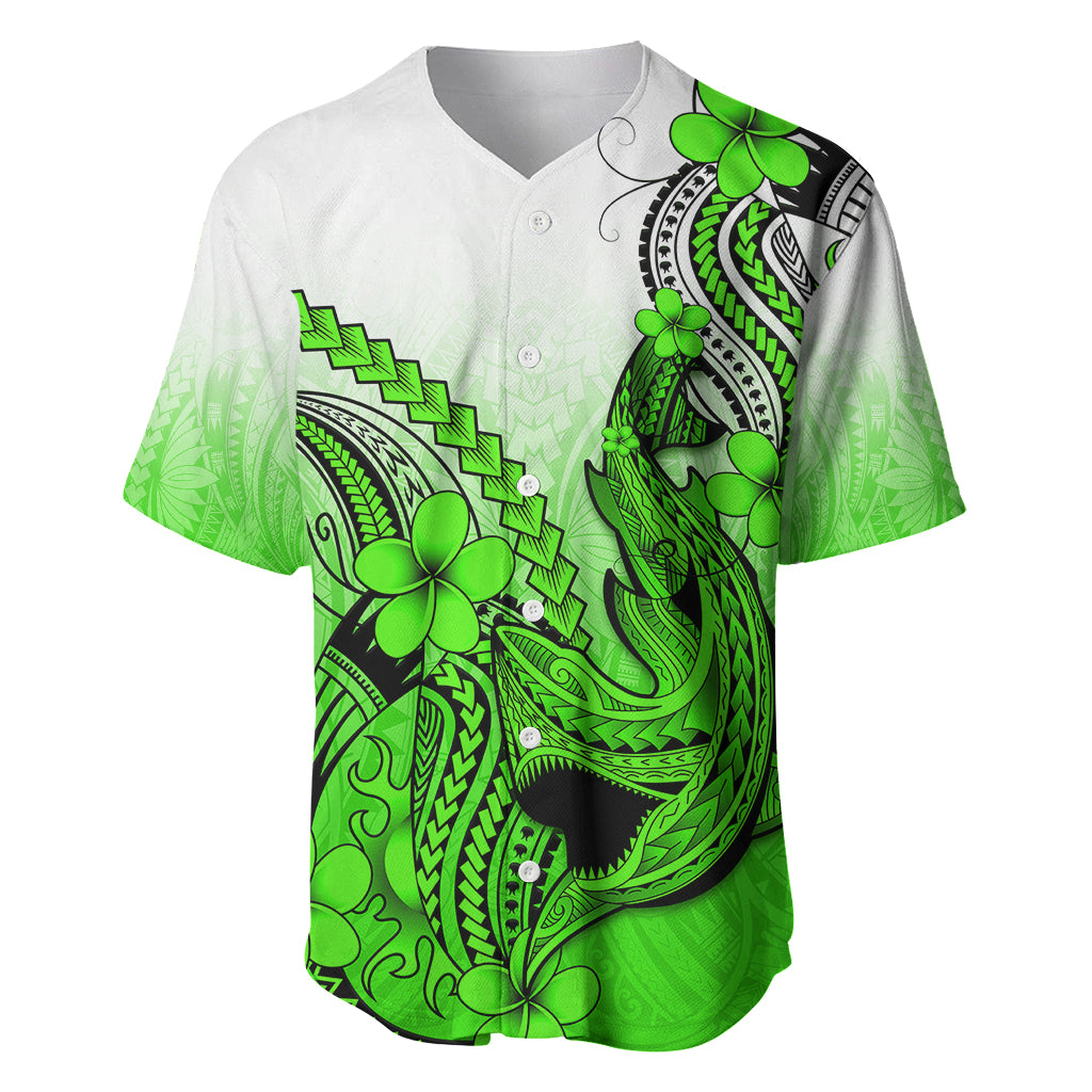 Hawaii Baseball Jersey Polynesian Shark Tattoo With Plumeria Green Gradient - Wonder Print Shop
