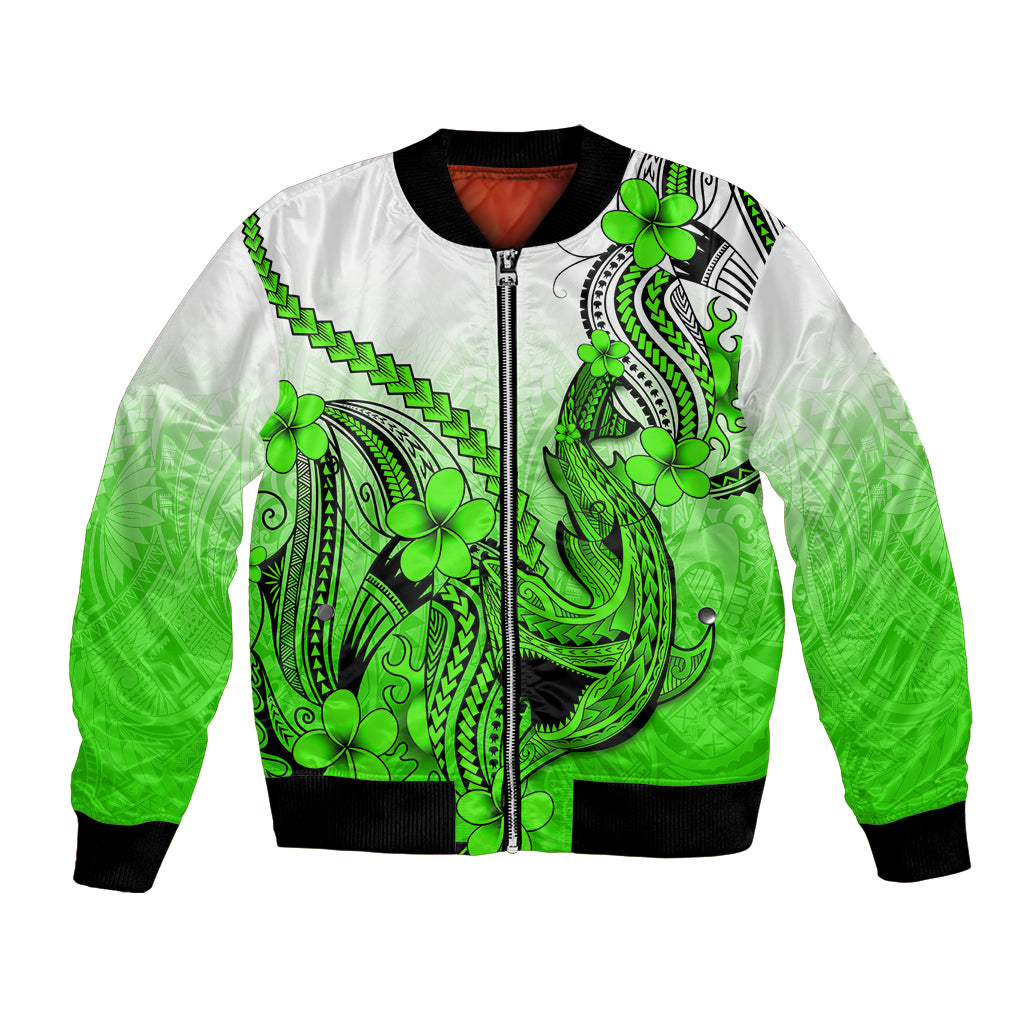 Hawaii Bomber Jacket Polynesian Shark Tattoo With Plumeria Green Gradient - Wonder Print Shop
