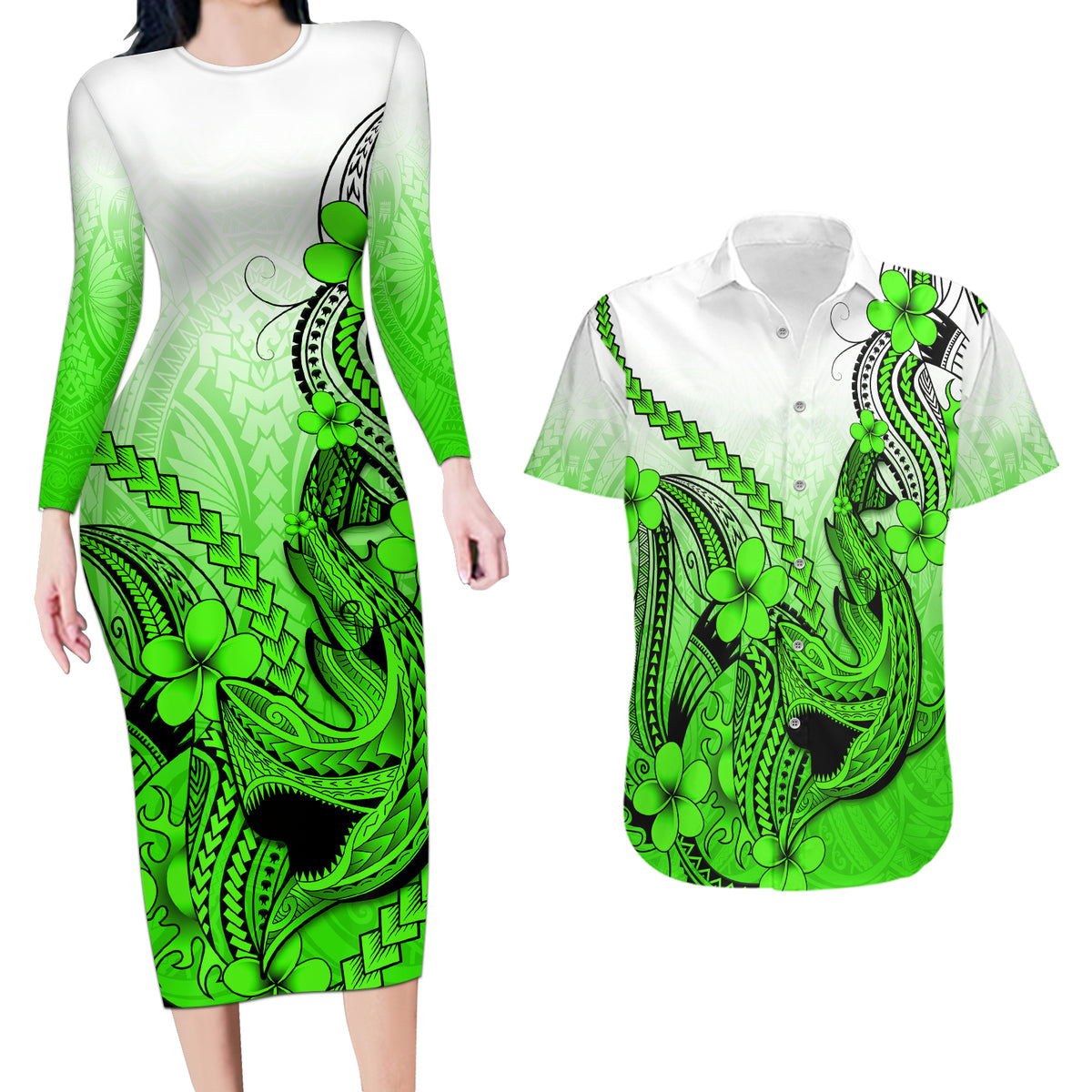 Hawaii Couples Matching Long Sleeve Bodycon Dress and Hawaiian Shirt Polynesian Shark Tattoo With Plumeria Green Gradient - Wonder Print Shop
