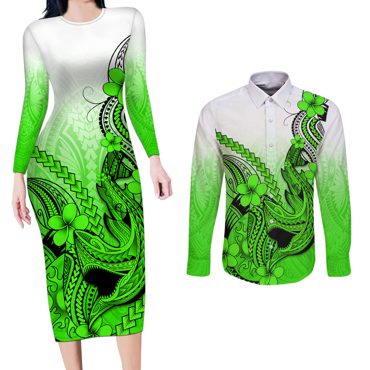 Hawaii Couples Matching Long Sleeve Bodycon Dress and Long Sleeve Button Shirts Polynesian Shark Tattoo With Plumeria Green Gradient - Wonder Print Shop