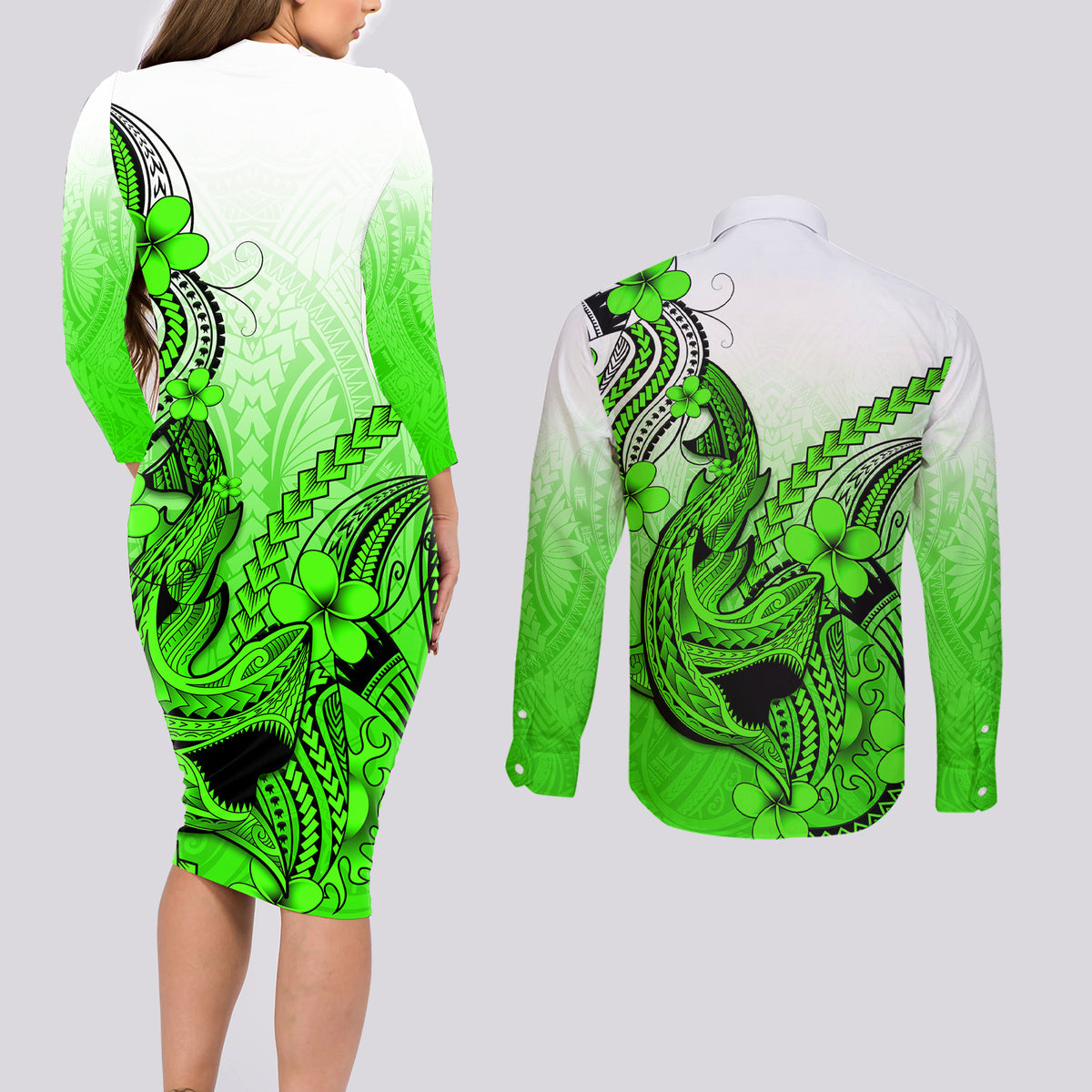 Hawaii Couples Matching Long Sleeve Bodycon Dress and Long Sleeve Button Shirts Polynesian Shark Tattoo With Plumeria Green Gradient - Wonder Print Shop