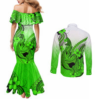 hawaii-couples-matching-mermaid-dress-and-long-sleeve-button-shirts-polynesian-shark-tattoo-with-plumeria-green-gradient