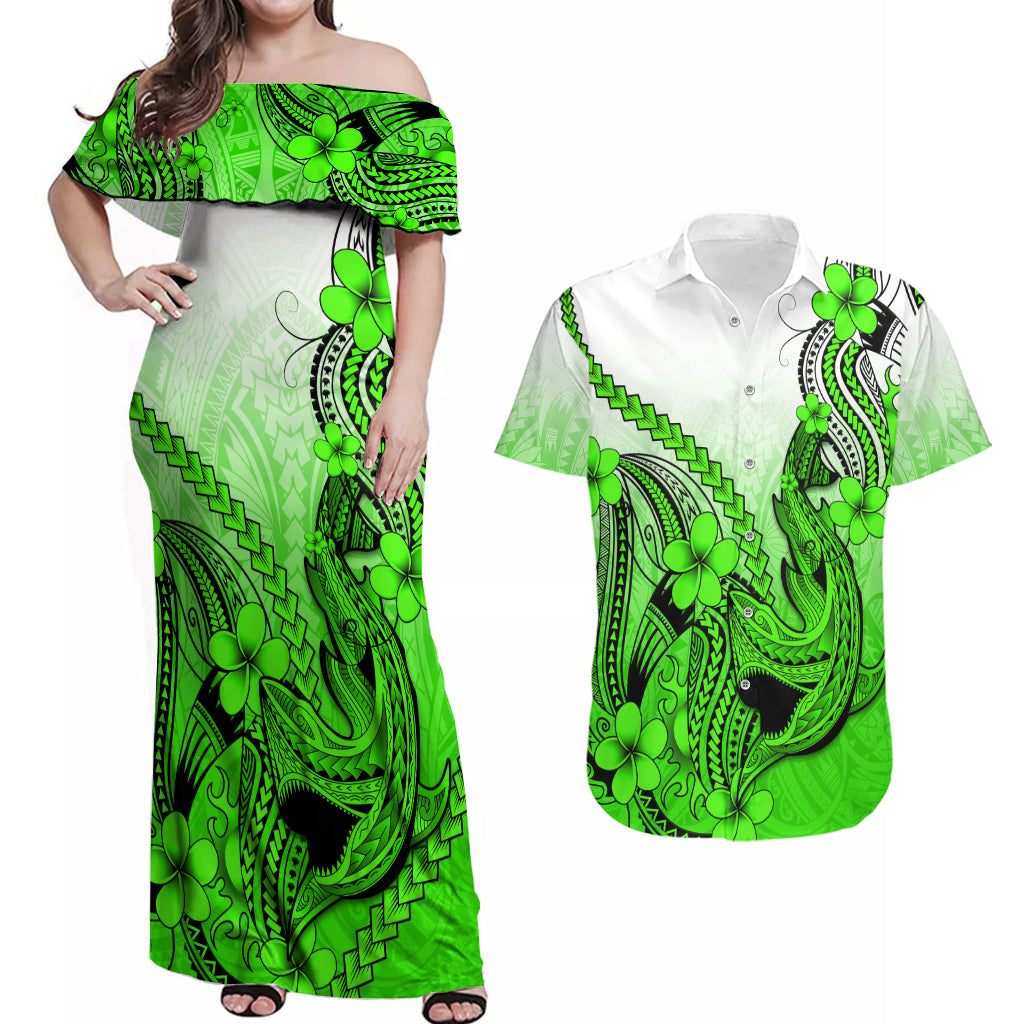 Hawaii Couples Matching Off Shoulder Maxi Dress and Hawaiian Shirt Polynesian Shark Tattoo With Plumeria Green Gradient - Wonder Print Shop