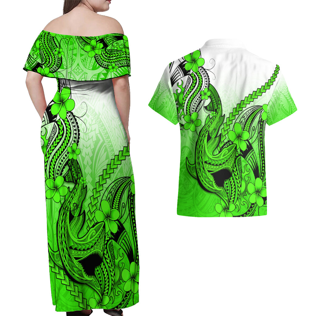 Hawaii Couples Matching Off Shoulder Maxi Dress and Hawaiian Shirt Polynesian Shark Tattoo With Plumeria Green Gradient - Wonder Print Shop