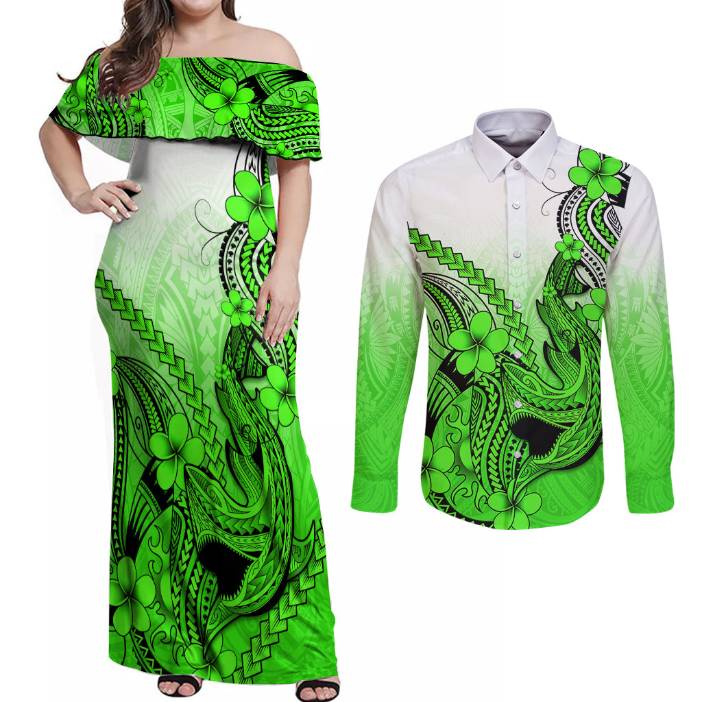 Hawaii Couples Matching Off Shoulder Maxi Dress and Long Sleeve Button Shirts Polynesian Shark Tattoo With Plumeria Green Gradient - Wonder Print Shop