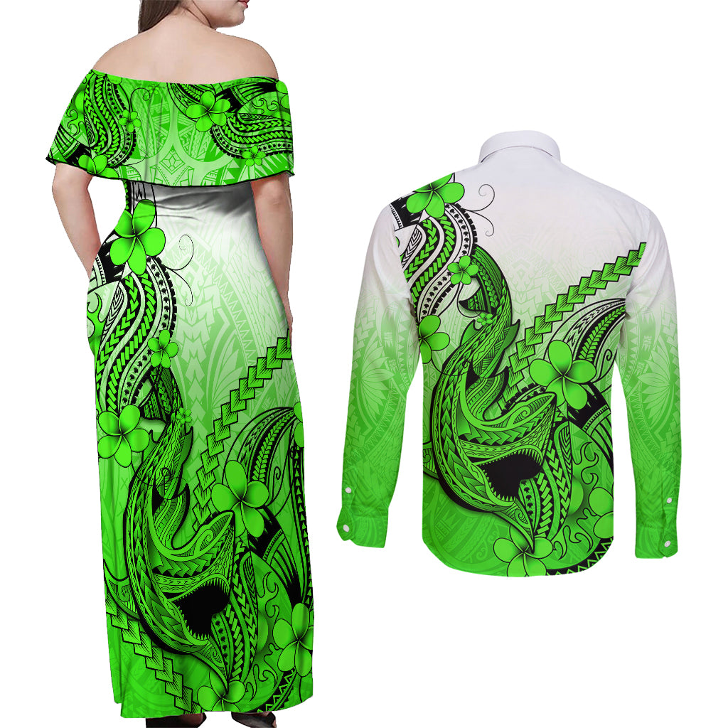 Hawaii Couples Matching Off Shoulder Maxi Dress and Long Sleeve Button Shirts Polynesian Shark Tattoo With Plumeria Green Gradient - Wonder Print Shop