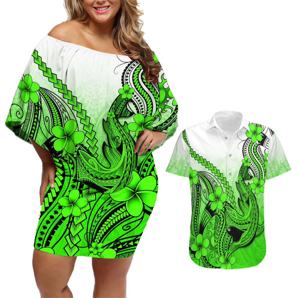Hawaii Couples Matching Off Shoulder Short Dress and Hawaiian Shirt Polynesian Shark Tattoo With Plumeria Green Gradient - Wonder Print Shop