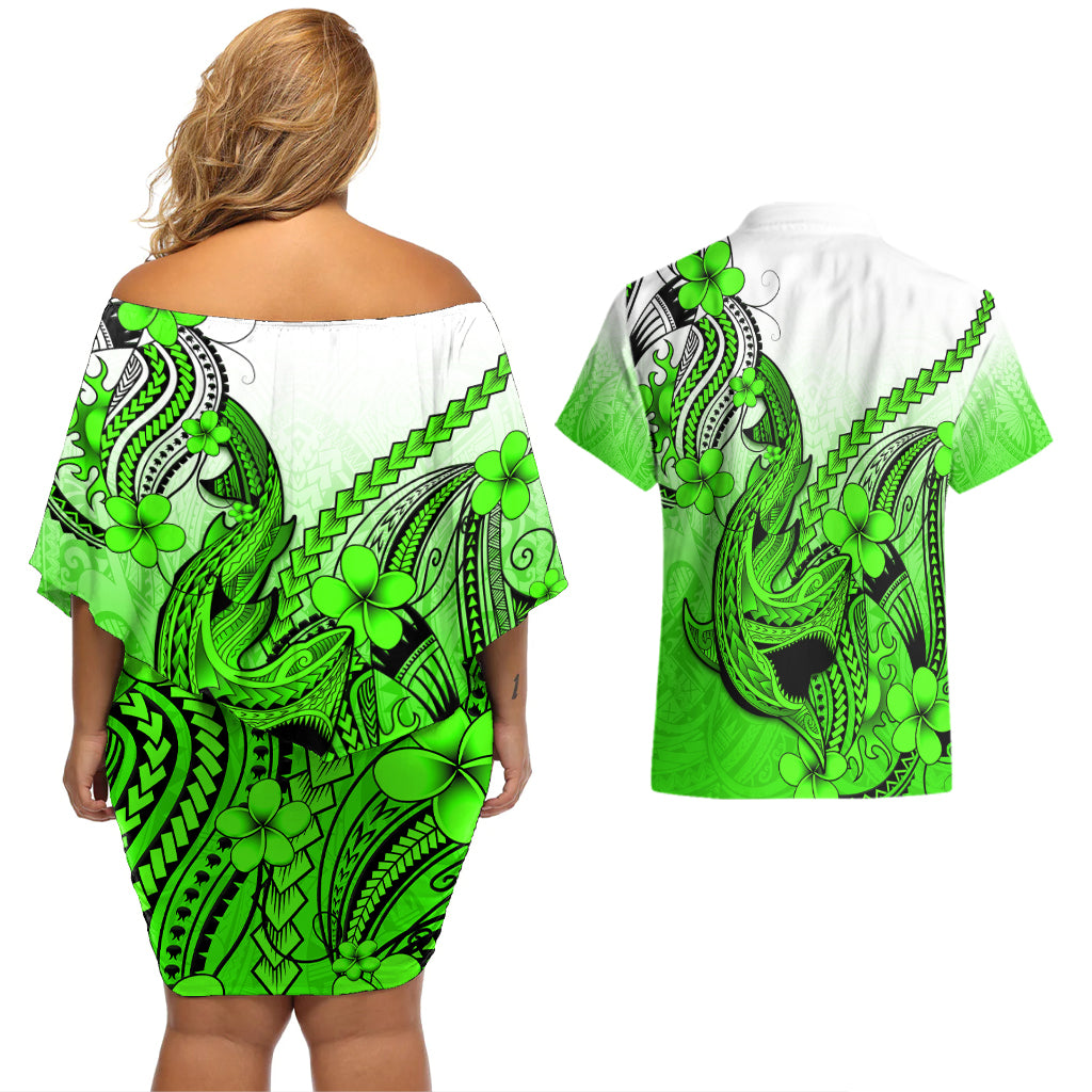 Hawaii Couples Matching Off Shoulder Short Dress and Hawaiian Shirt Polynesian Shark Tattoo With Plumeria Green Gradient - Wonder Print Shop