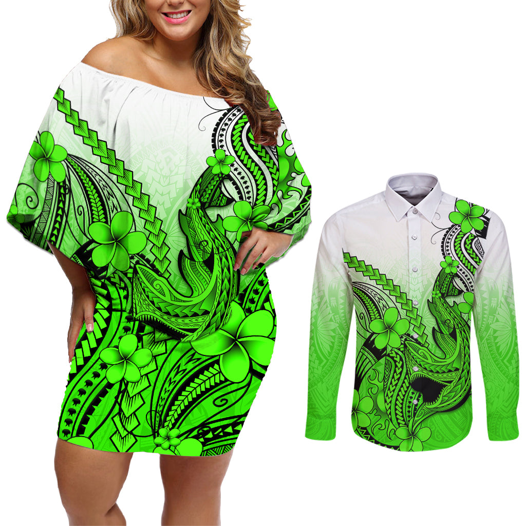 Hawaii Couples Matching Off Shoulder Short Dress and Long Sleeve Button Shirts Polynesian Shark Tattoo With Plumeria Green Gradient - Wonder Print Shop