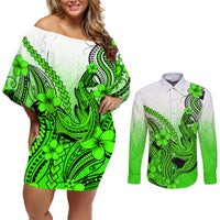 Hawaii Couples Matching Off Shoulder Short Dress and Long Sleeve Button Shirts Polynesian Shark Tattoo With Plumeria Green Gradient - Wonder Print Shop
