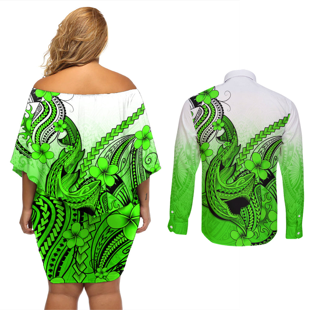 Hawaii Couples Matching Off Shoulder Short Dress and Long Sleeve Button Shirts Polynesian Shark Tattoo With Plumeria Green Gradient - Wonder Print Shop