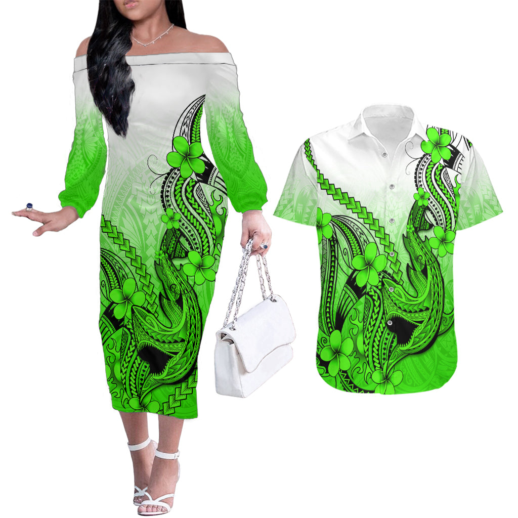 Hawaii Couples Matching Off The Shoulder Long Sleeve Dress and Hawaiian Shirt Polynesian Shark Tattoo With Plumeria Green Gradient - Wonder Print Shop