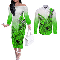 hawaii-couples-matching-off-the-shoulder-long-sleeve-dress-and-long-sleeve-button-shirts-polynesian-shark-tattoo-with-plumeria-green-gradient