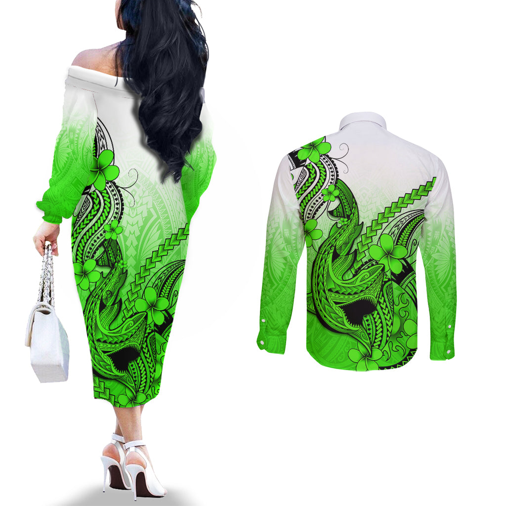 hawaii-couples-matching-off-the-shoulder-long-sleeve-dress-and-long-sleeve-button-shirts-polynesian-shark-tattoo-with-plumeria-green-gradient