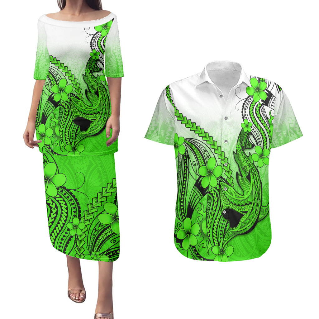 Hawaii Couples Matching Puletasi Dress and Hawaiian Shirt Polynesian Shark Tattoo With Plumeria Green Gradient - Wonder Print Shop