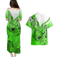 Hawaii Couples Matching Puletasi Dress and Hawaiian Shirt Polynesian Shark Tattoo With Plumeria Green Gradient - Wonder Print Shop