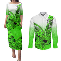 Hawaii Couples Matching Puletasi Dress and Long Sleeve Button Shirts Polynesian Shark Tattoo With Plumeria Green Gradient - Wonder Print Shop