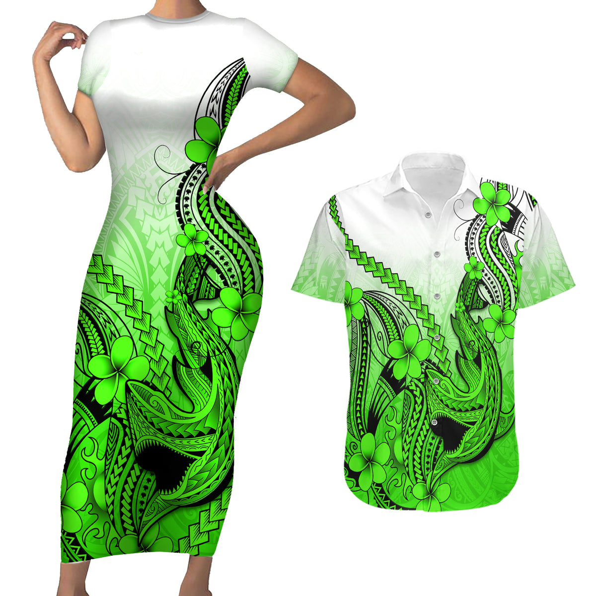 Hawaii Couples Matching Short Sleeve Bodycon Dress and Hawaiian Shirt Polynesian Shark Tattoo With Plumeria Green Gradient - Wonder Print Shop
