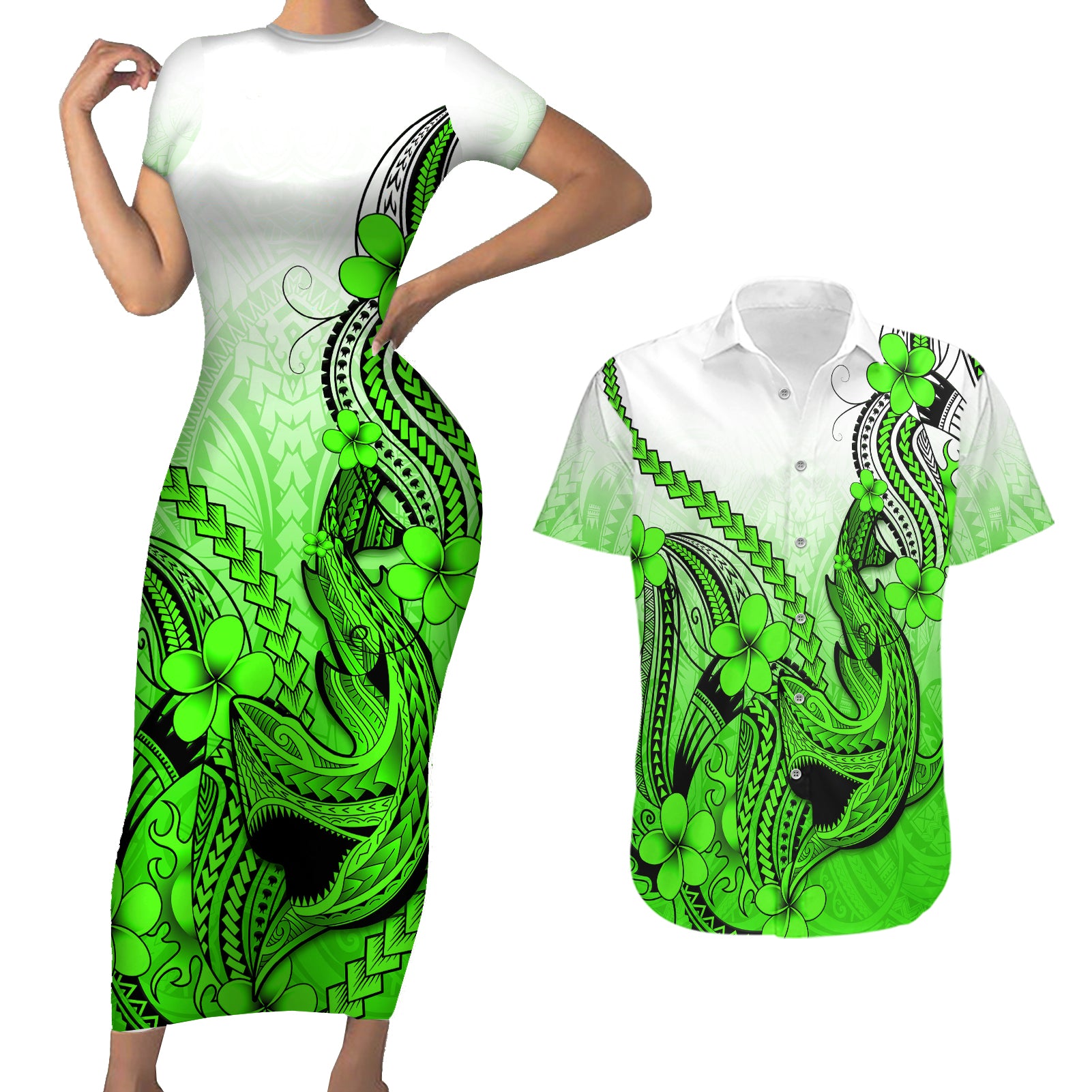 Hawaii Couples Matching Short Sleeve Bodycon Dress and Hawaiian Shirt Polynesian Shark Tattoo With Plumeria Green Gradient - Wonder Print Shop