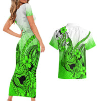 Hawaii Couples Matching Short Sleeve Bodycon Dress and Hawaiian Shirt Polynesian Shark Tattoo With Plumeria Green Gradient - Wonder Print Shop