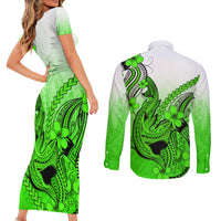 Hawaii Couples Matching Short Sleeve Bodycon Dress and Long Sleeve Button Shirts Polynesian Shark Tattoo With Plumeria Green Gradient - Wonder Print Shop