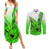 Hawaii Couples Matching Summer Maxi Dress and Long Sleeve Button Shirts Polynesian Shark Tattoo With Plumeria Green Gradient - Wonder Print Shop