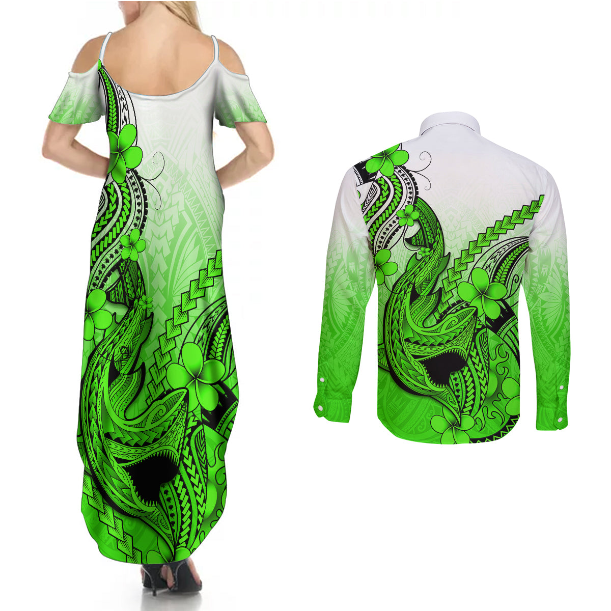Hawaii Couples Matching Summer Maxi Dress and Long Sleeve Button Shirts Polynesian Shark Tattoo With Plumeria Green Gradient - Wonder Print Shop