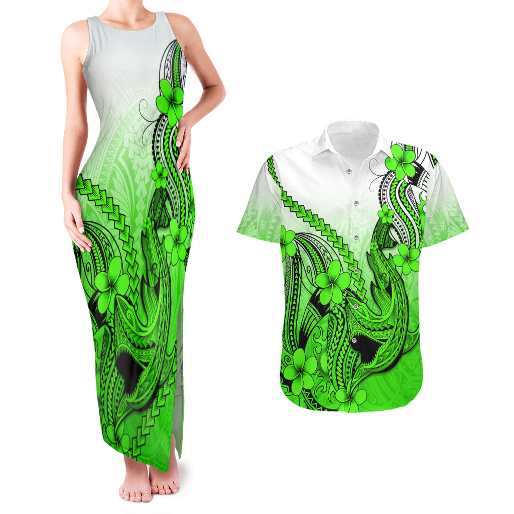 Hawaii Couples Matching Tank Maxi Dress And Hawaiian Shirt Polynesian Shark Tattoo With Plumeria Green Gradient - Wonder Print Shop