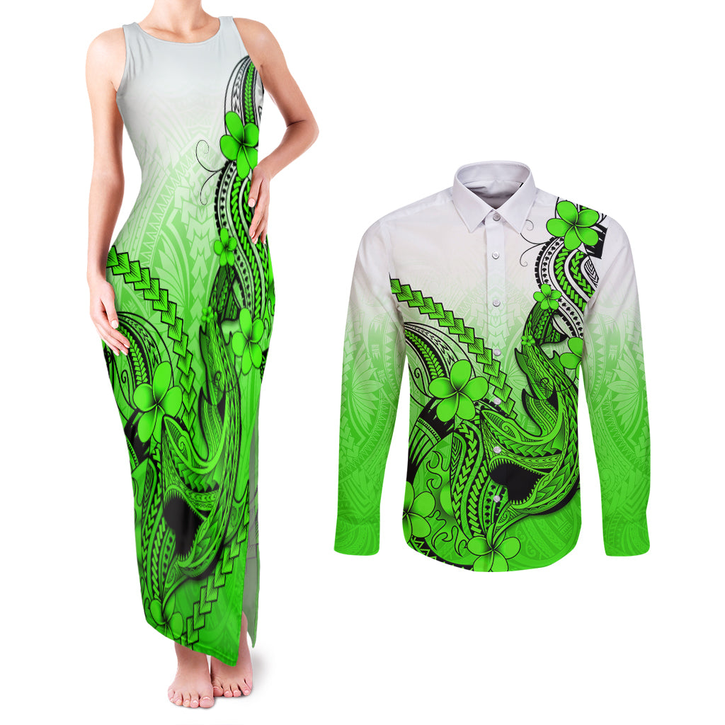 Hawaii Couples Matching Tank Maxi Dress and Long Sleeve Button Shirts Polynesian Shark Tattoo With Plumeria Green Gradient - Wonder Print Shop