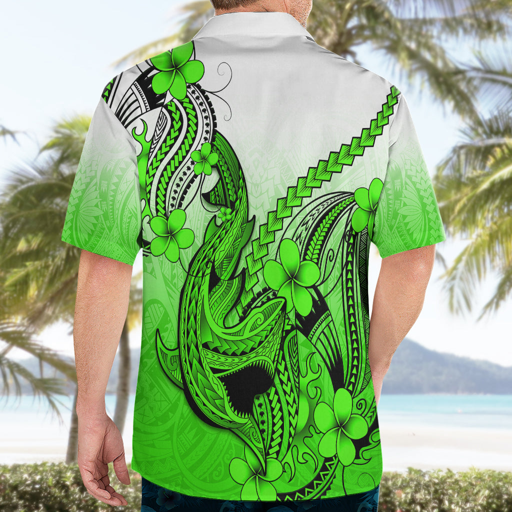 Hawaii Hawaiian Shirt Polynesian Shark Tattoo With Plumeria Green Gradient - Wonder Print Shop