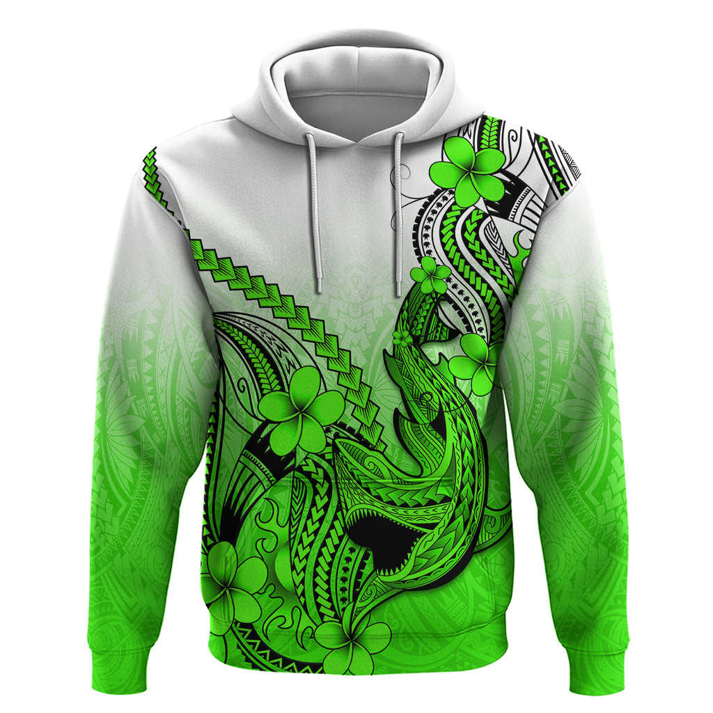 Hawaii Hoodie Polynesian Shark Tattoo With Plumeria Green Gradient - Wonder Print Shop