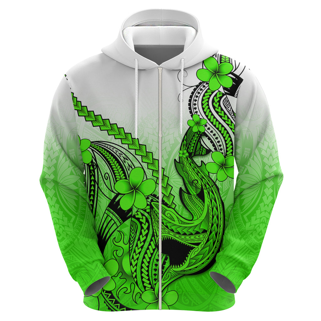 Hawaii Hoodie Polynesian Shark Tattoo With Plumeria Green Gradient - Wonder Print Shop