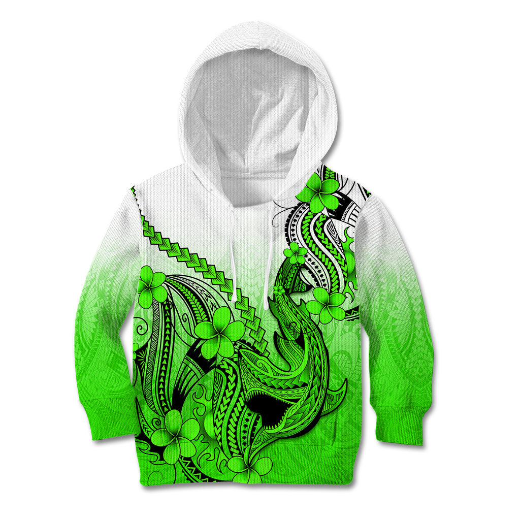 Hawaii Kid Hoodie Polynesian Shark Tattoo With Plumeria Green Gradient - Wonder Print Shop